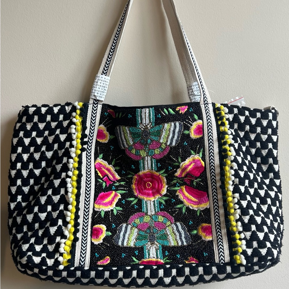 Viral Beaded Butterfly Bag Embroidered Black & Pink Tote Bag with Floral Panel